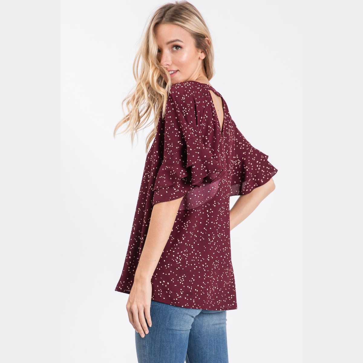 Rust V-Neck Irregular Polka Dot Woven Top