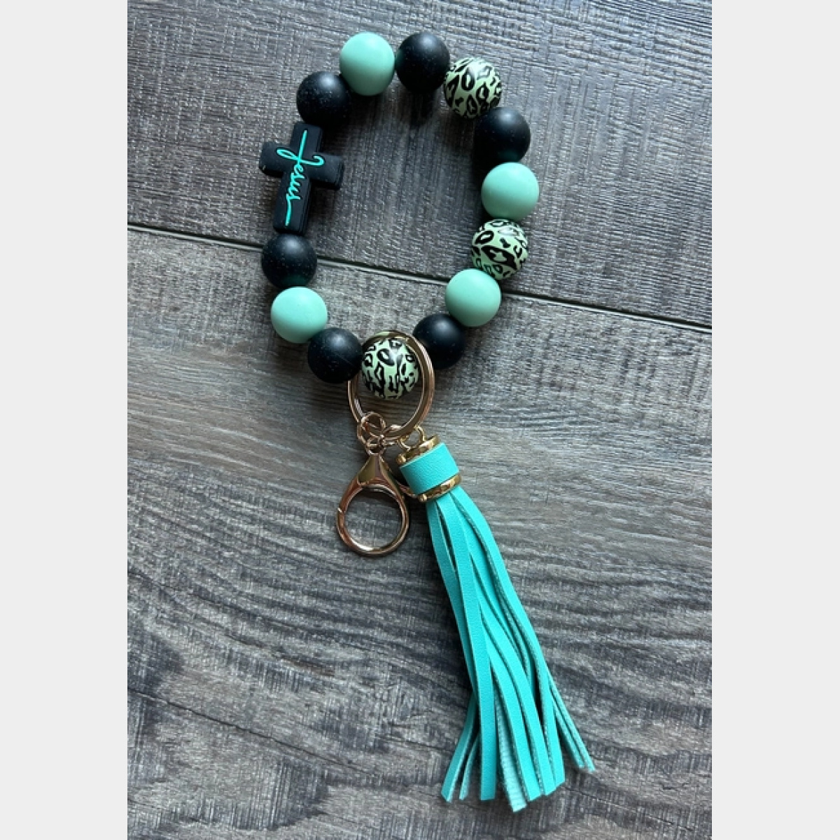 Teal - Faith in Jesus Cross Silicone Bead Wristlet Keychain - Dash Outfitters