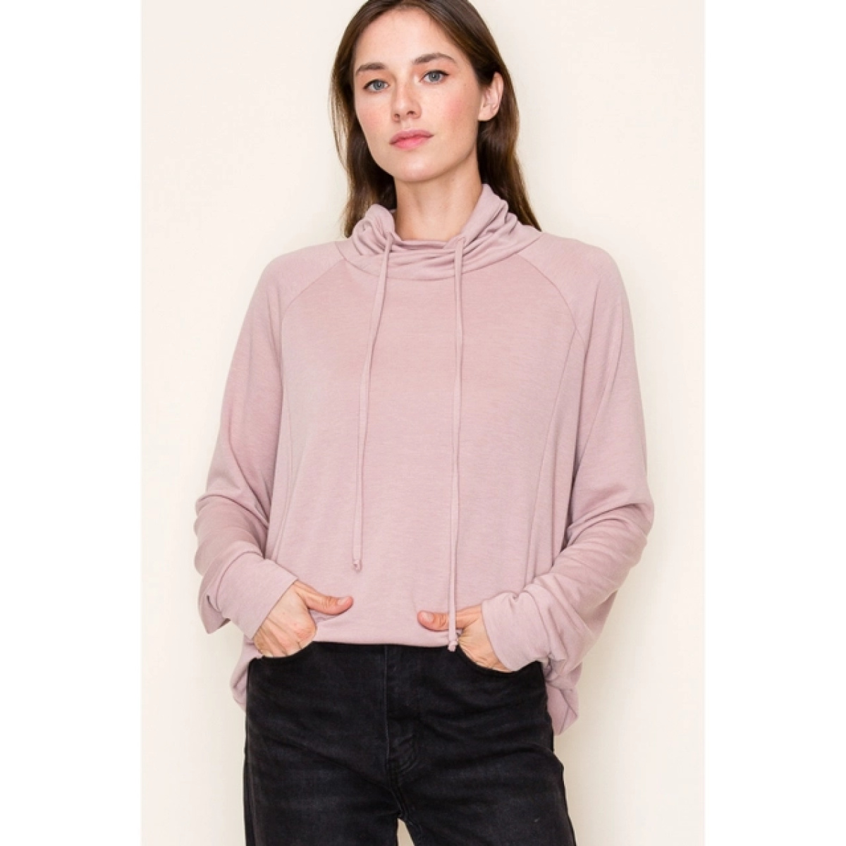 Dusty Rose Drawstring Cowl Neck Long Sleeve French Terry Top