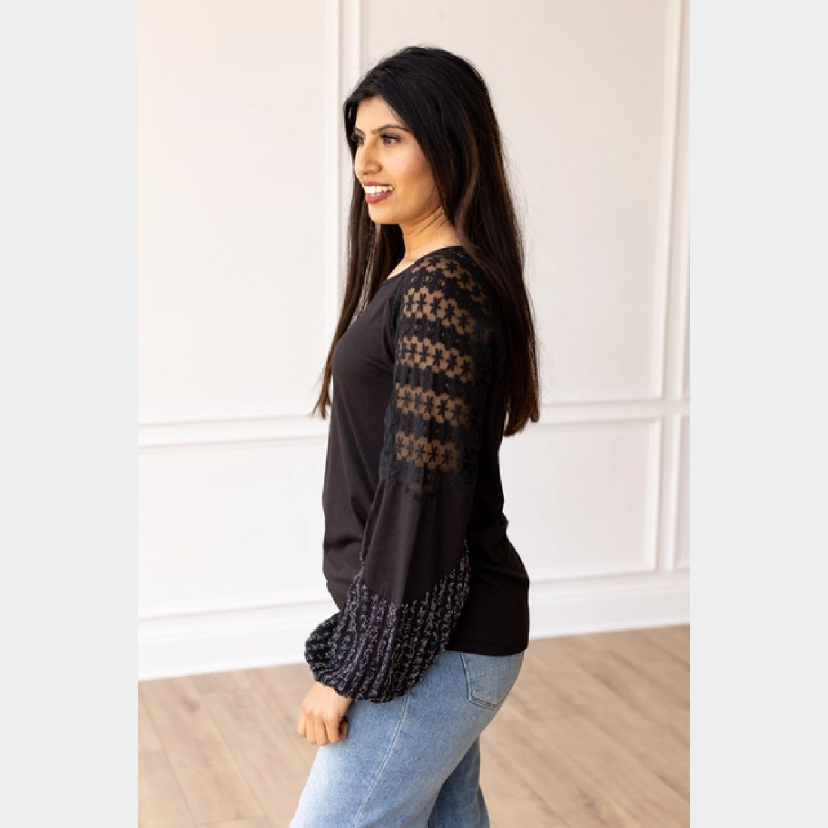 Enchanted Evening Black and Silver Lace Patch Sleeve Top