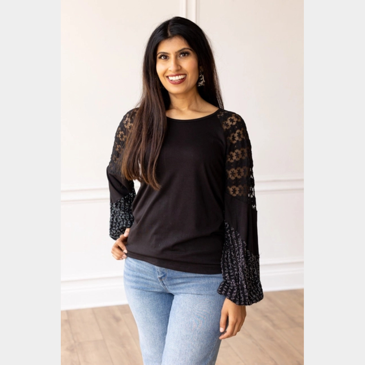 Enchanted Evening Black and Silver Lace Patch Sleeve Top