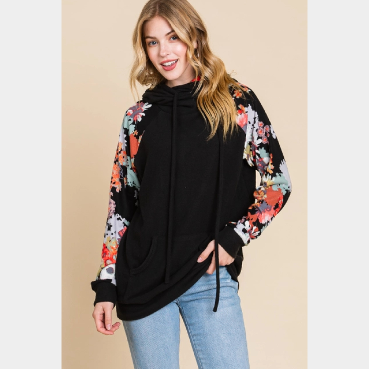 Floral Raglan Sleeve Knit Hoodie