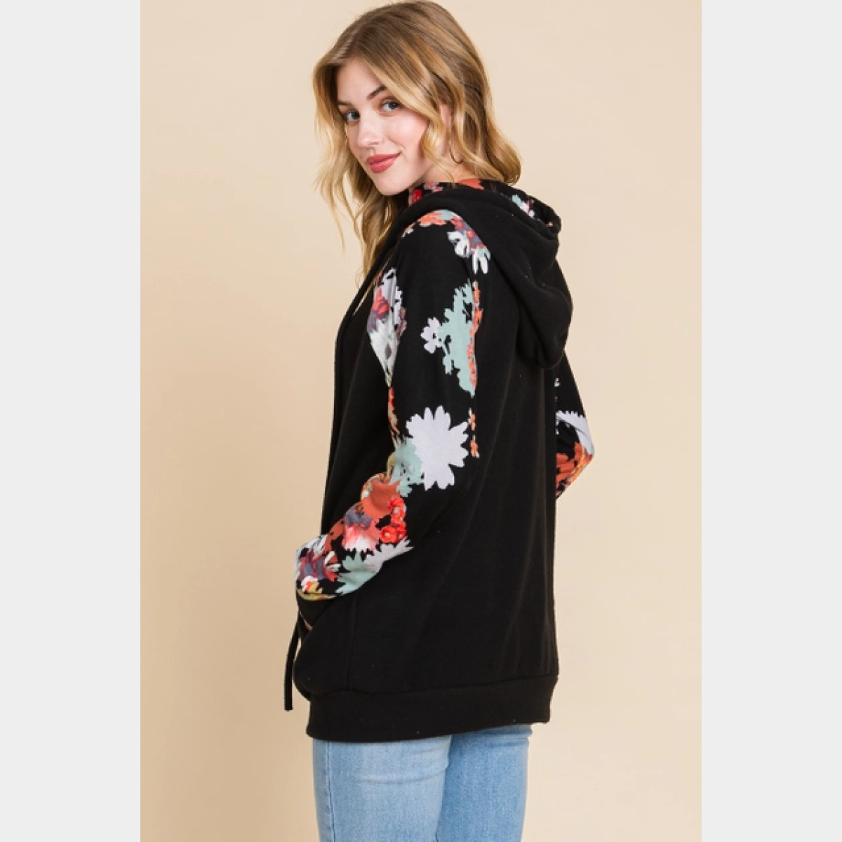 Floral Raglan Sleeve Knit Hoodie