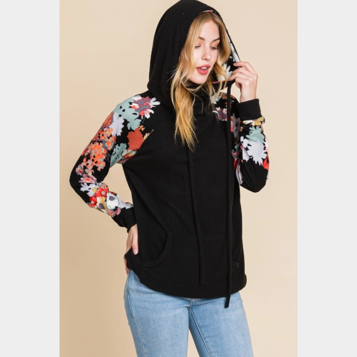 Floral Raglan Sleeve Knit Hoodie