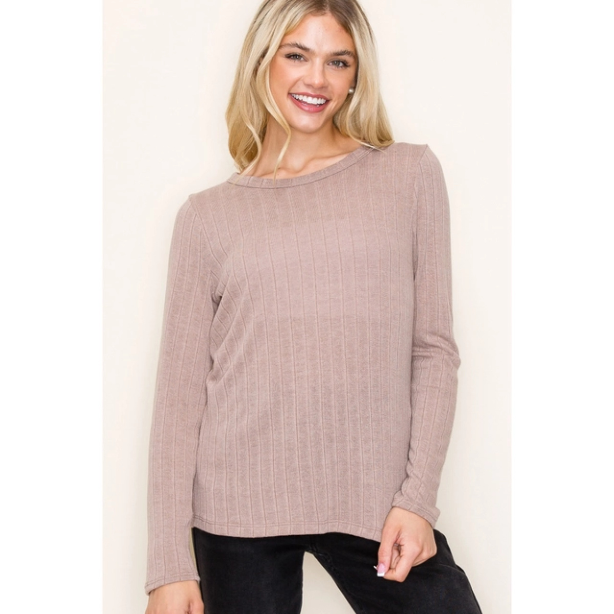 Mocha Crew Neck Long Sleeve Wide Ribbed Basic Top (2)