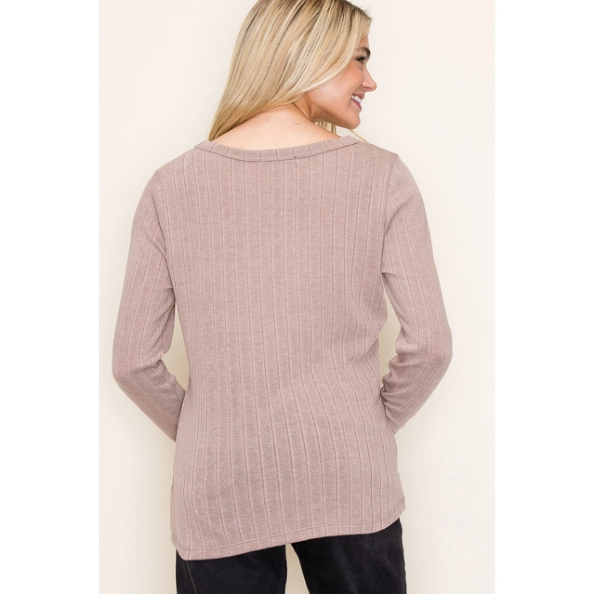 Mocha Crew Neck Long Sleeve Wide Ribbed Basic Top (2)