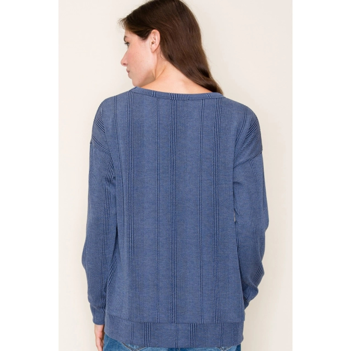 Navy Crew Neck Long Sleeve Varigated Textured Knit Top