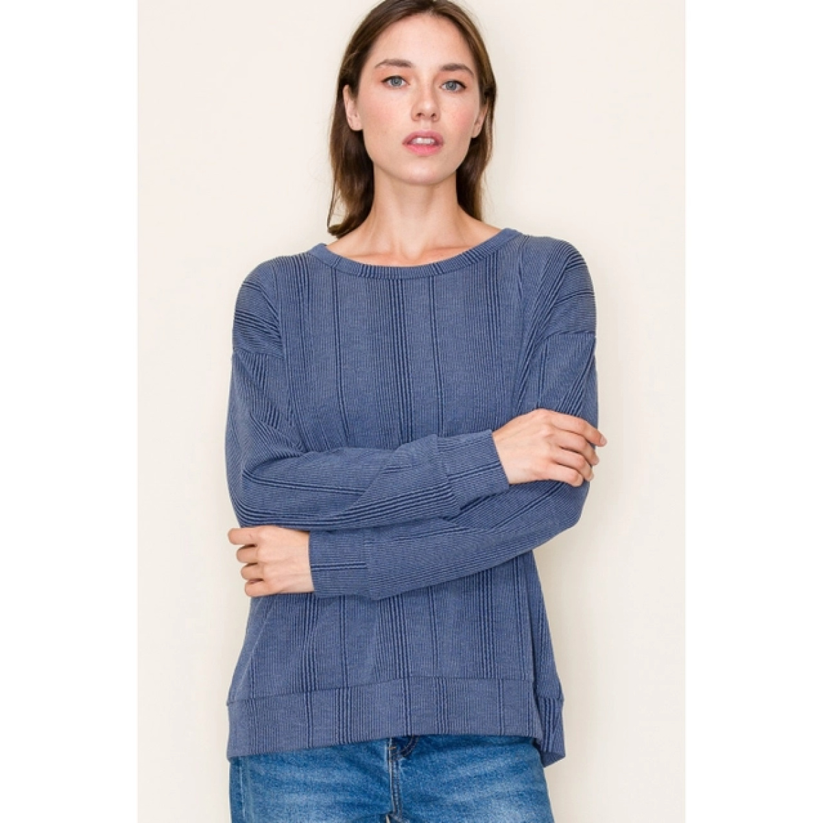 Navy Crew Neck Long Sleeve Varigated Textured Knit Top