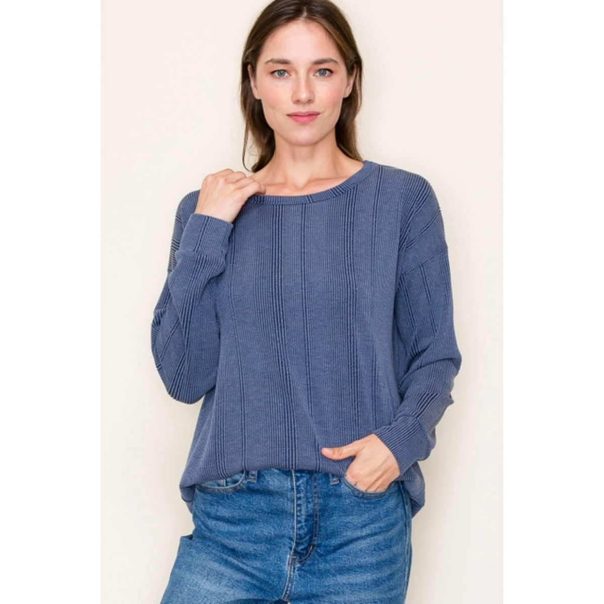 Navy Crew Neck Long Sleeve Varigated Textured Knit Top