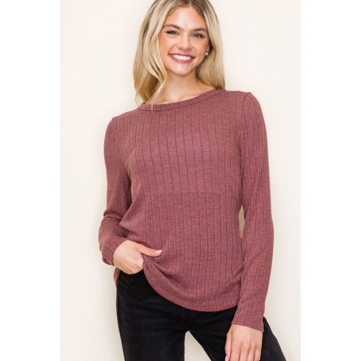 Wine Crew Neck Long Sleeve Wide Ribbed Basic Top (2)