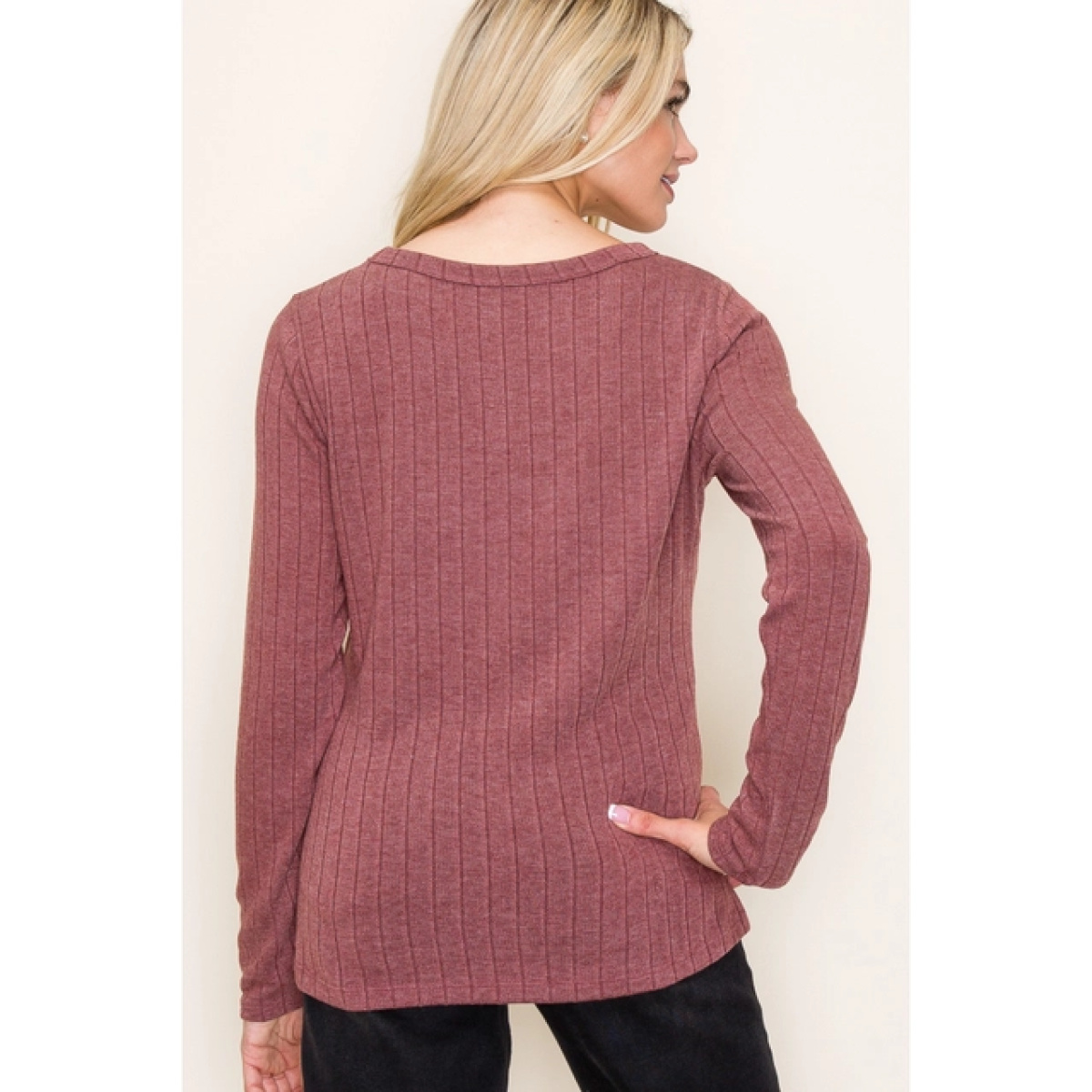 Wine Crew Neck Long Sleeve Wide Ribbed Basic Top (2)